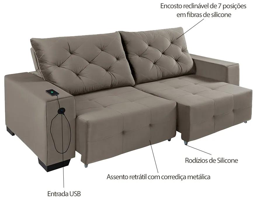 Sofá 2 Lugares Retrátil Reclinável com USB Paddington Veludo Nude G30 - Gran Belo