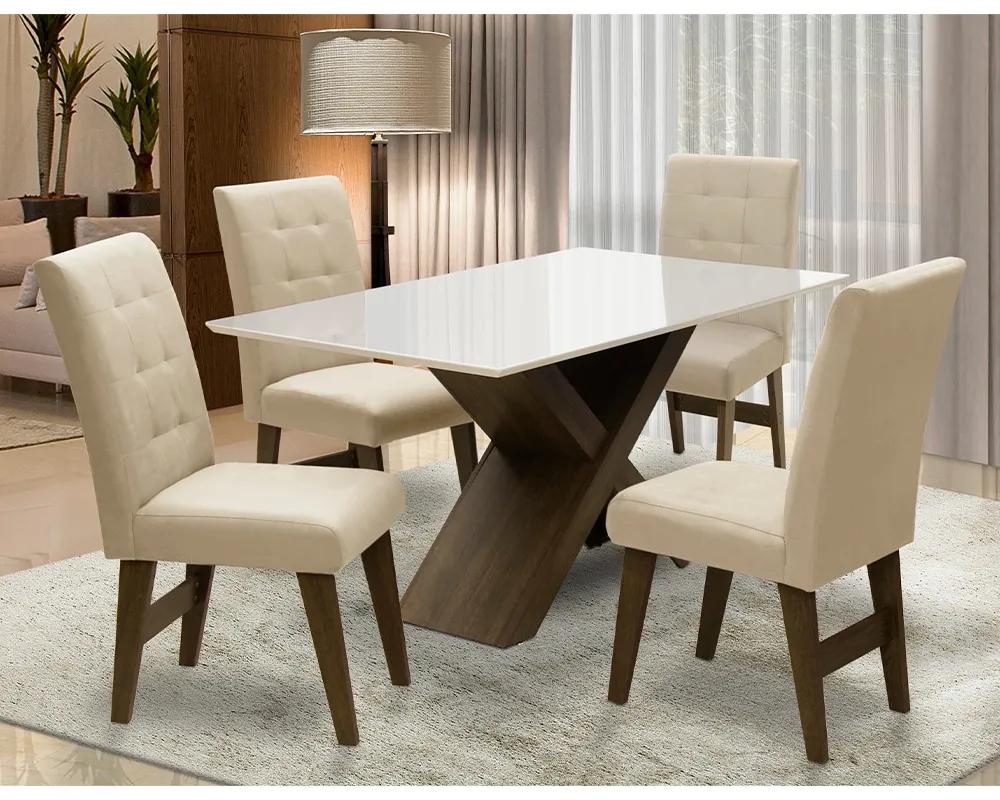 Conjunto Mesa de Jantar com 04 Cadeiras Agata 135cm Castanho/Branco Off/Bege - ADJ DECOR