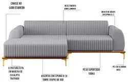 Sofá 230cm 4 Lugares com Chaise Esquerdo Pés Gold Molino C-315 Linho C