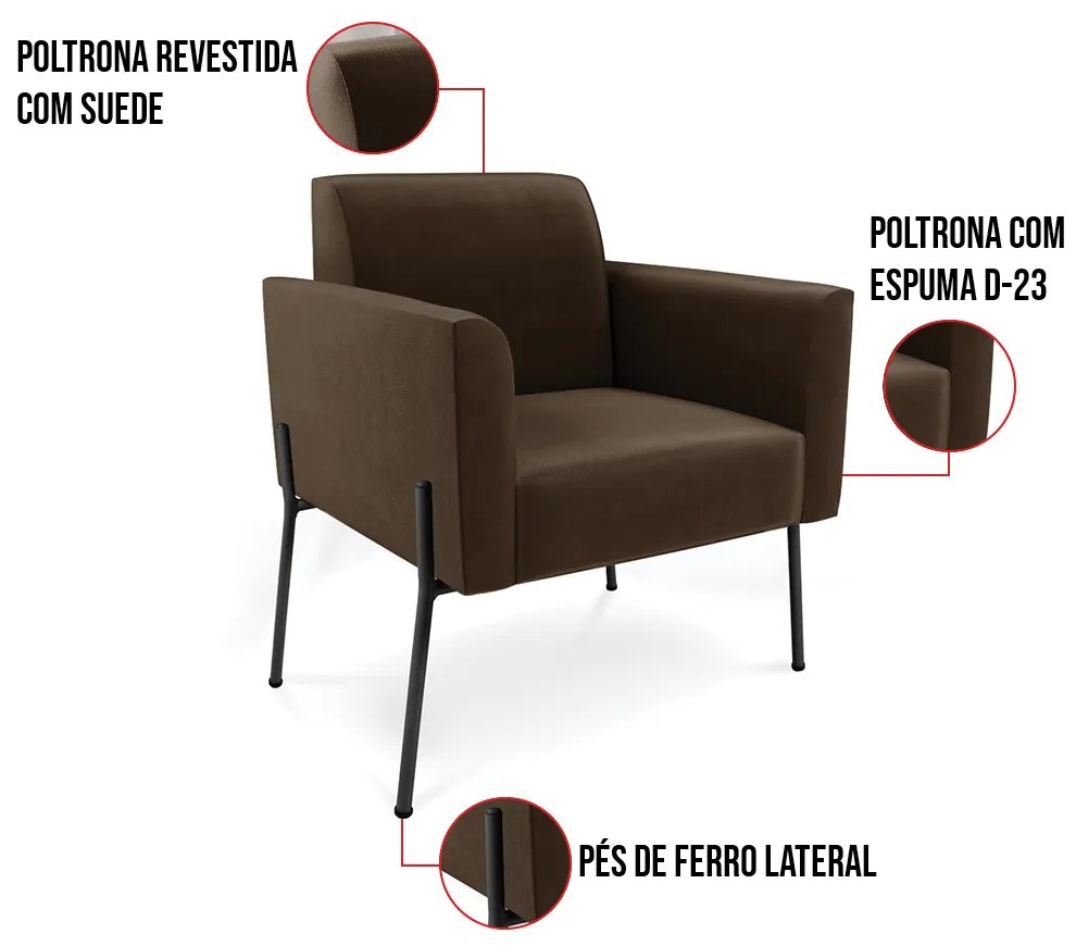 Poltrona Pé de Ferro Preto para Sala Kit 2 Marisa Suede D03 - D'Rossi - Marrom