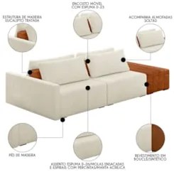 Sofá Ilha Modular Living com Puff 252cm Georgia Z08 Boucle Bege/Carame