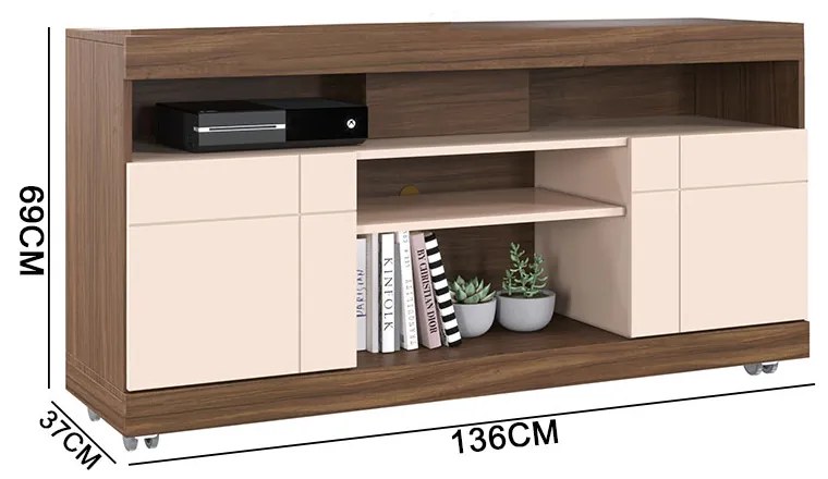 Rack para Sala Bancada de TV 47 Pol 136cm Ariele C04 - D'Rossi - Nogueira Real e Off White