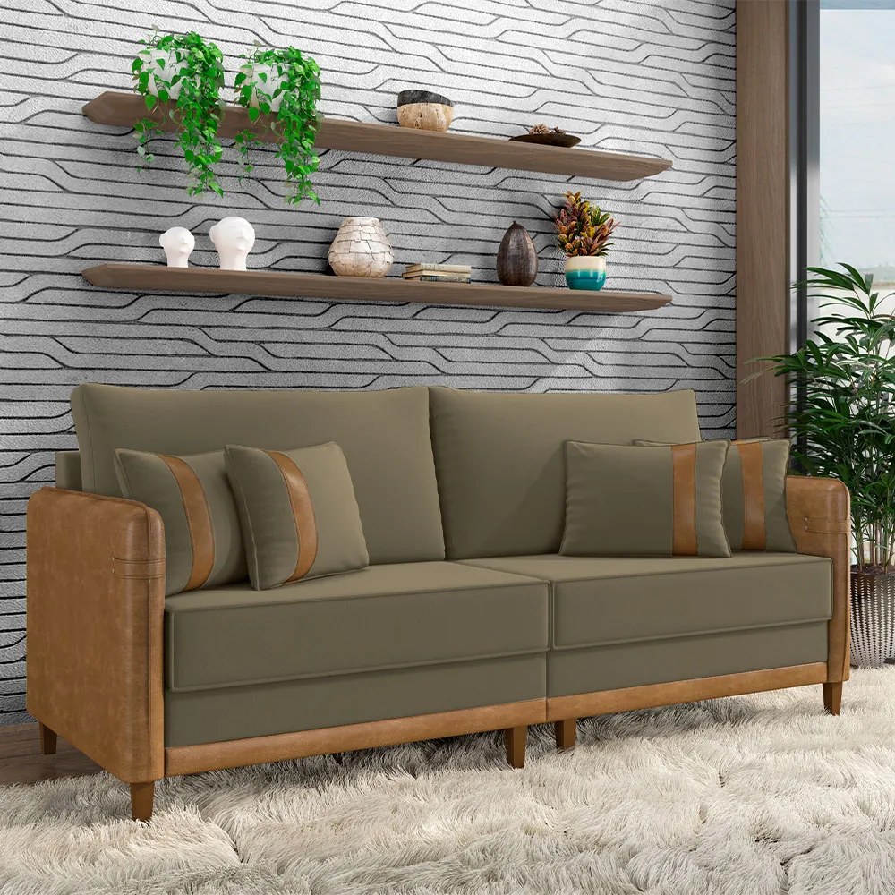 Sofá Living Montecarlo 3 Lugares Bipartido 232cm Pés em Madeira Veludo/PU Castor/Caramelo G33 - Gran Belo