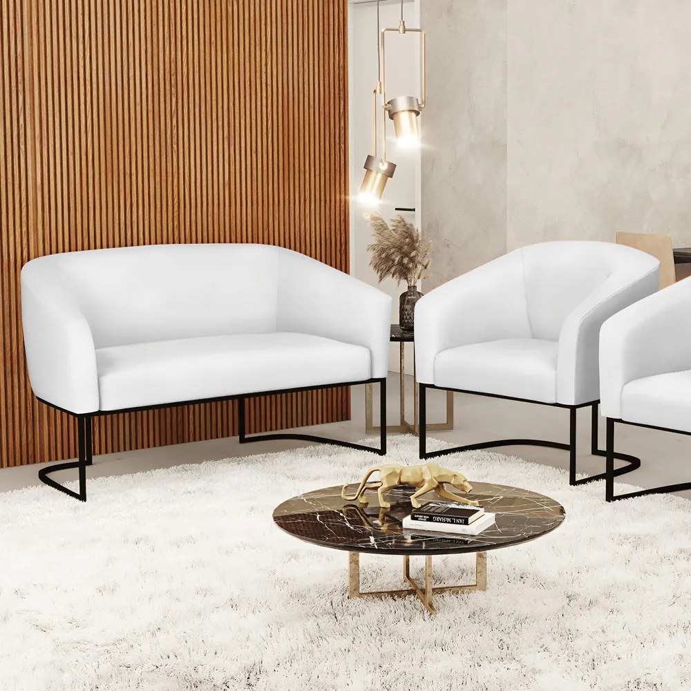 Sofá Namoradeira e Poltrona Base Industrial Preto Stella Sintético D03 - D'Rossi - Branco