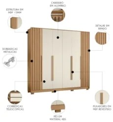 Guarda Roupa Casal 237cm 6 Portas Vinna A02 Off/Freijó - Mpozenato