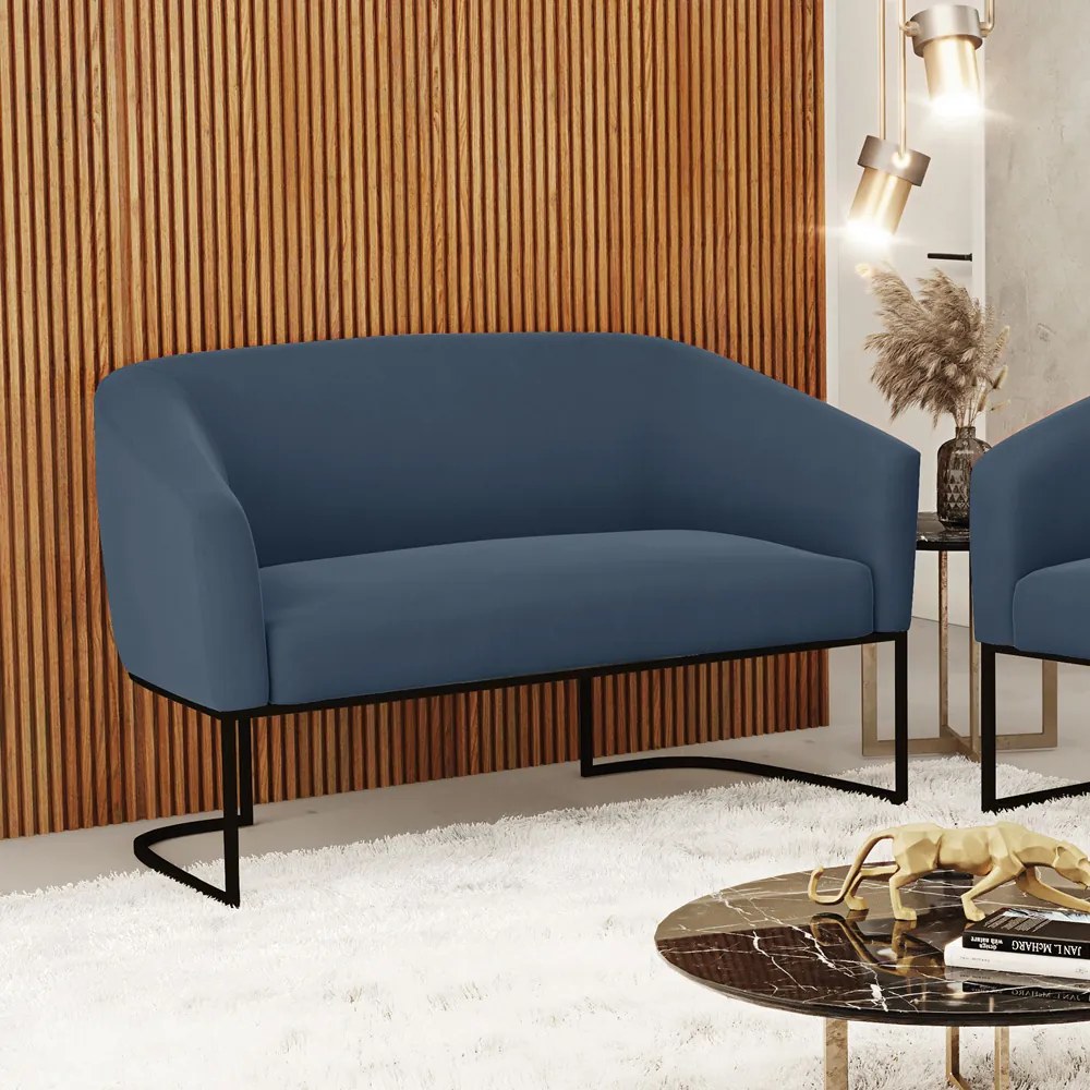 Sofá 2 Lugares Namoradeira Industrial Preto Stella Suede D03 - D'Rossi - Azul Marinho