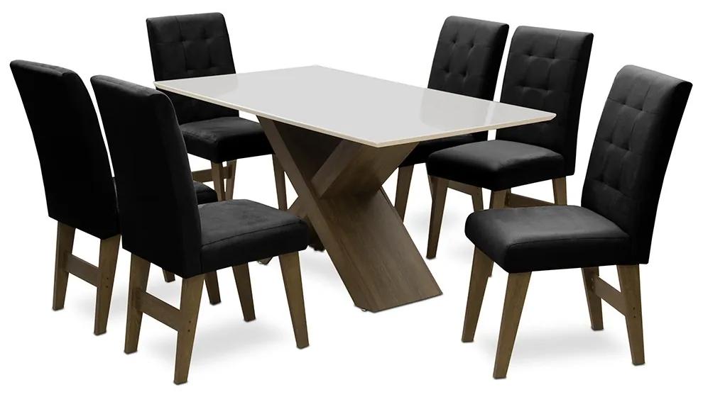 Conjunto Mesa de Jantar com 06 Cadeiras Agata 160cm Castanho/Branco Off/Preto - ADJ DECOR