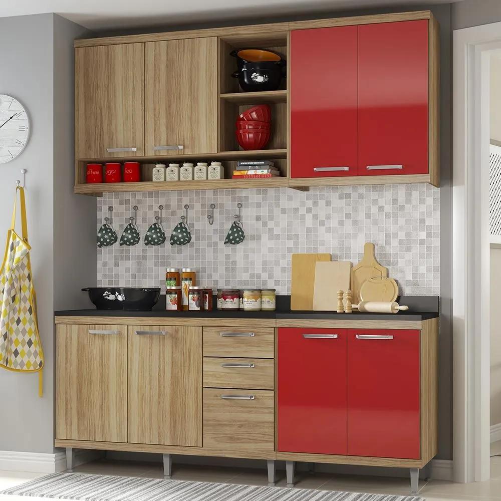 Cozinha Compacta 8 Portas para Pia Com Balcão 5818 Vermelho/Argila - Multimóveis