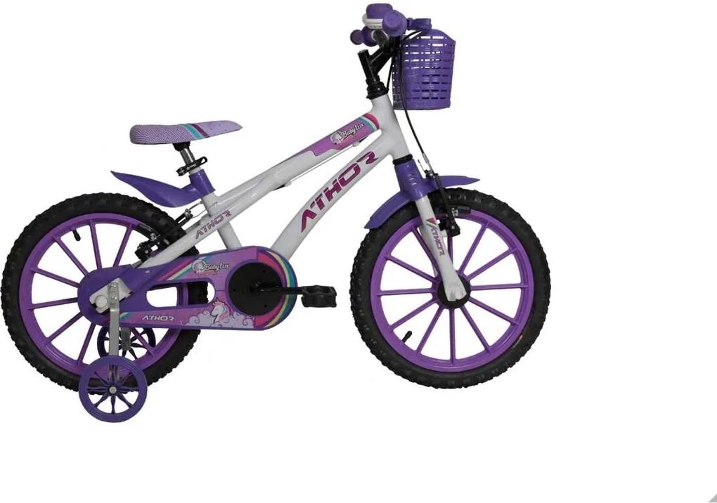 Bicicleta Aro 16 Baby Lux Branca e roxa com Kit Athor Bikes