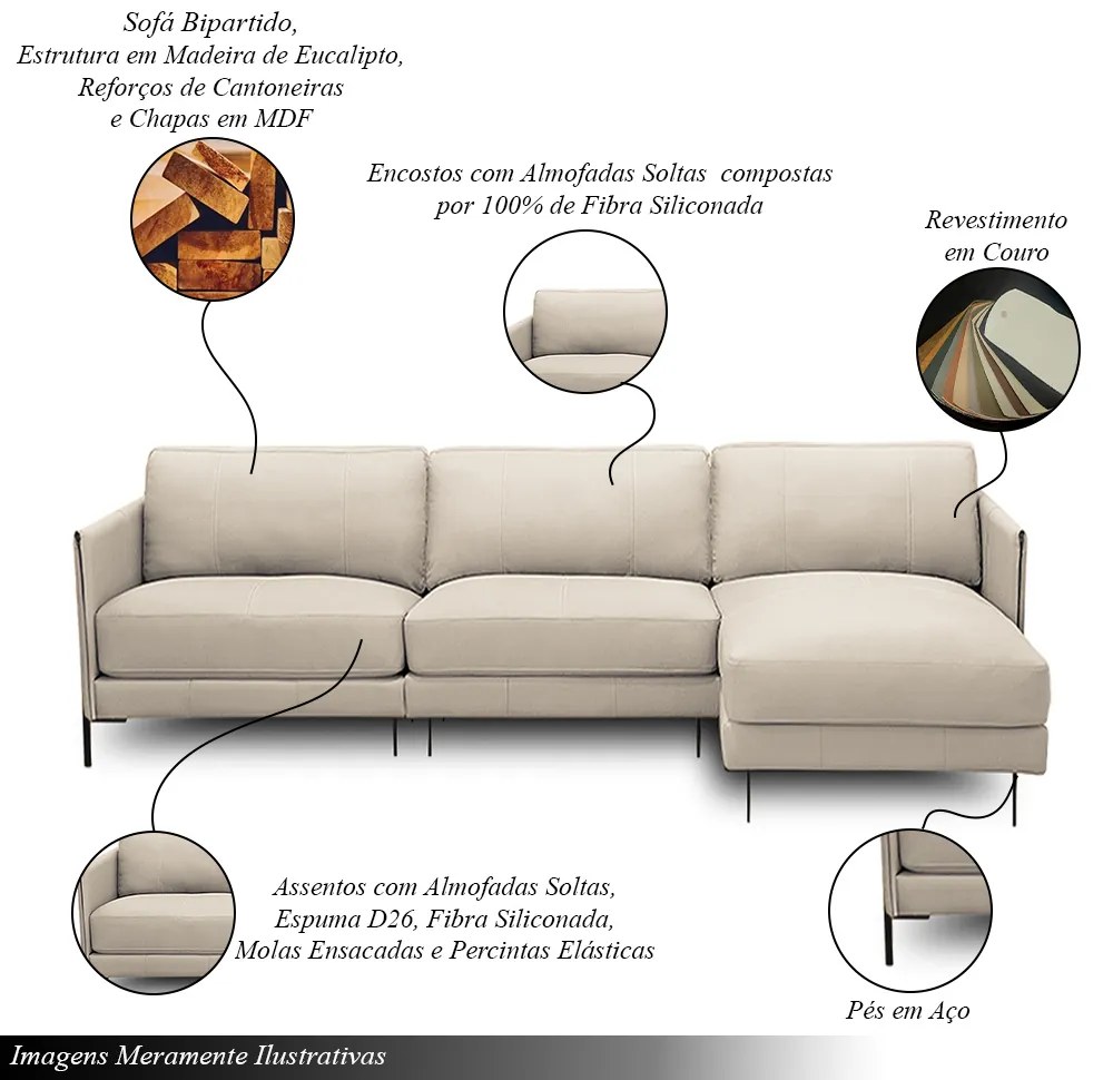 Sofá Decorativo Karine 5 Lugares Sala de estar 330cm com Chaise Pés em Aço Couro Bege G88 - Gran Belo