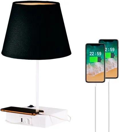 Luminária de mesa com carregador usb | Branco com cúpula de tecido preta | Tam: 40cm | Mod: Bias