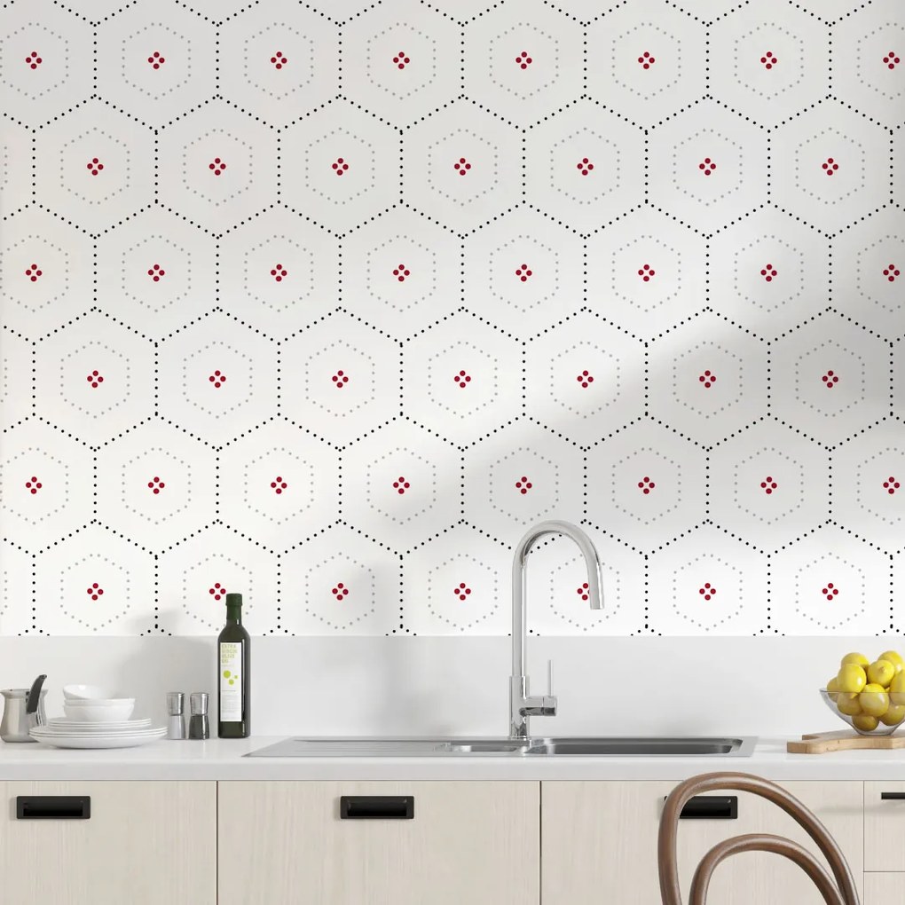 Papel de Parede Lavável Hexagonal Pontilhado Para Cozinha e Banheiro