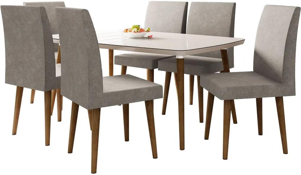 Mesa de Jantar com 6 Cadeiras Jade Pé Palito Off White com Pena Caramelo - RV Móveis