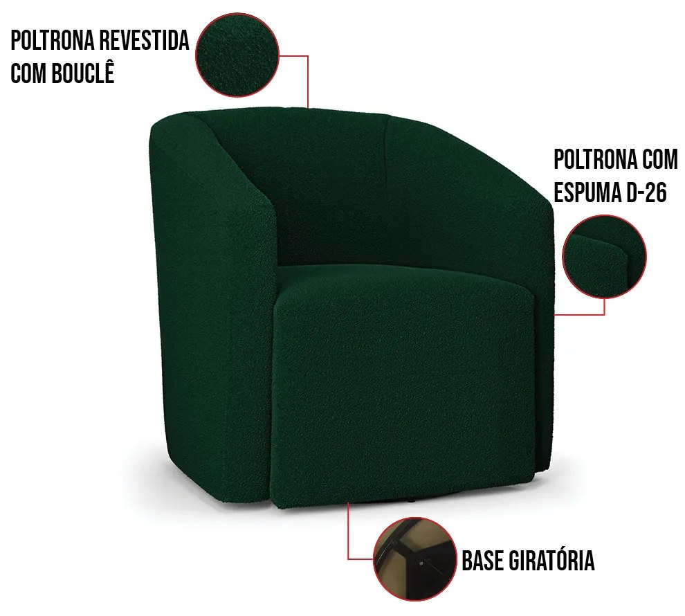 Poltrona Sala de Estar Base Giratória Stella Max Bouclê Verde D03 - D'Rossi