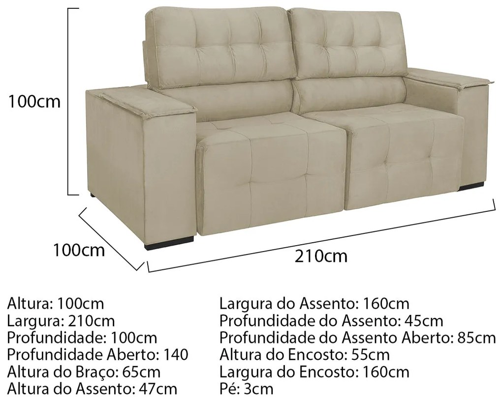 Sofá Cama Retrátil Sala Vicenza Vicenza 210cm Suede