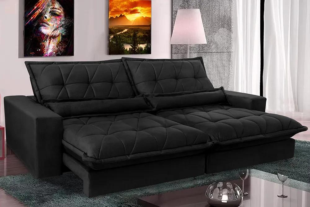 Sofa Retrátil E Reclinável 2,12m Com Molas Ensacadas Cama Inbox Soft Tecido Suede Preto