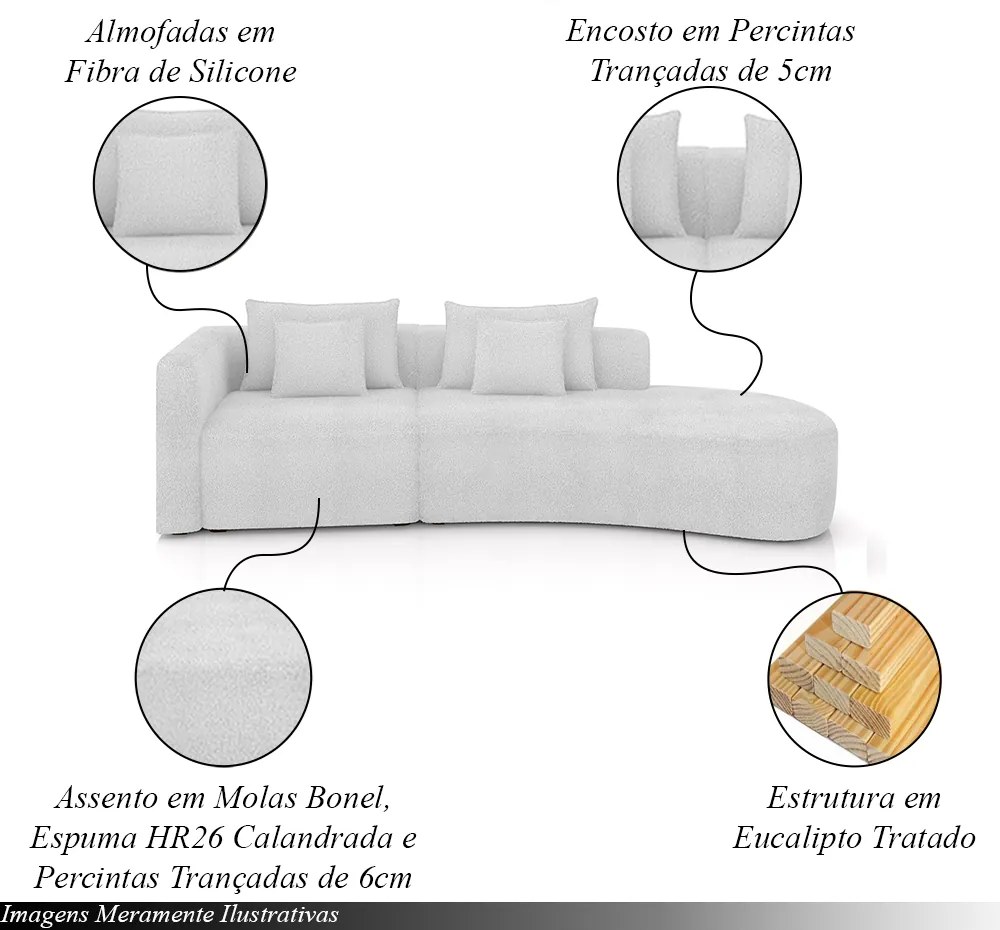 Sofá Curvo Decorativo Kimiko 317Cm 3 Lugares Sala de Estar com Chaise Bouclê Branco G52 - Gran Belo