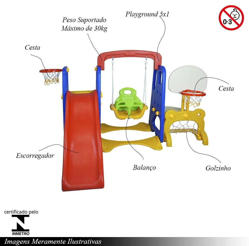 Playground Infantil 5x1 Crianças com cesta Escorregador Balanço Azul/Vermelho/Amarelo G31 - Gran Belo