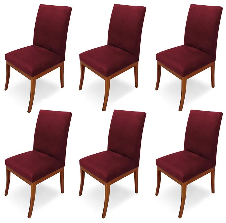 Conjunto 6 Cadeiras Raquel para Sala de Jantar Base de Eucalipto Suede Bordô
