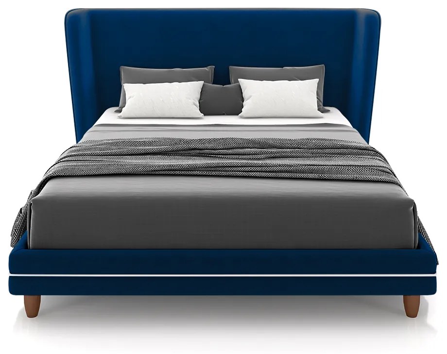 Conjunto Cama com Cabeceira Casal Torres Pés em Madeira Veludo Azul G91 - Gran Belo