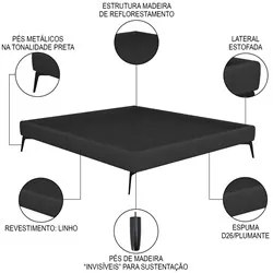 Cama Casal com Cabeceira 145cm Pés Metálicos Elisa S05 Linho Preto - M