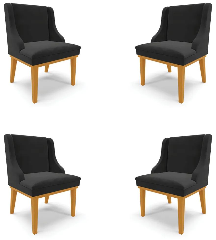 Kit 4 Cadeiras Decorativas Sala de Jantar Base Fixa de Madeira Firenze Veludo Preto/Castanho G19 - Gran Belo