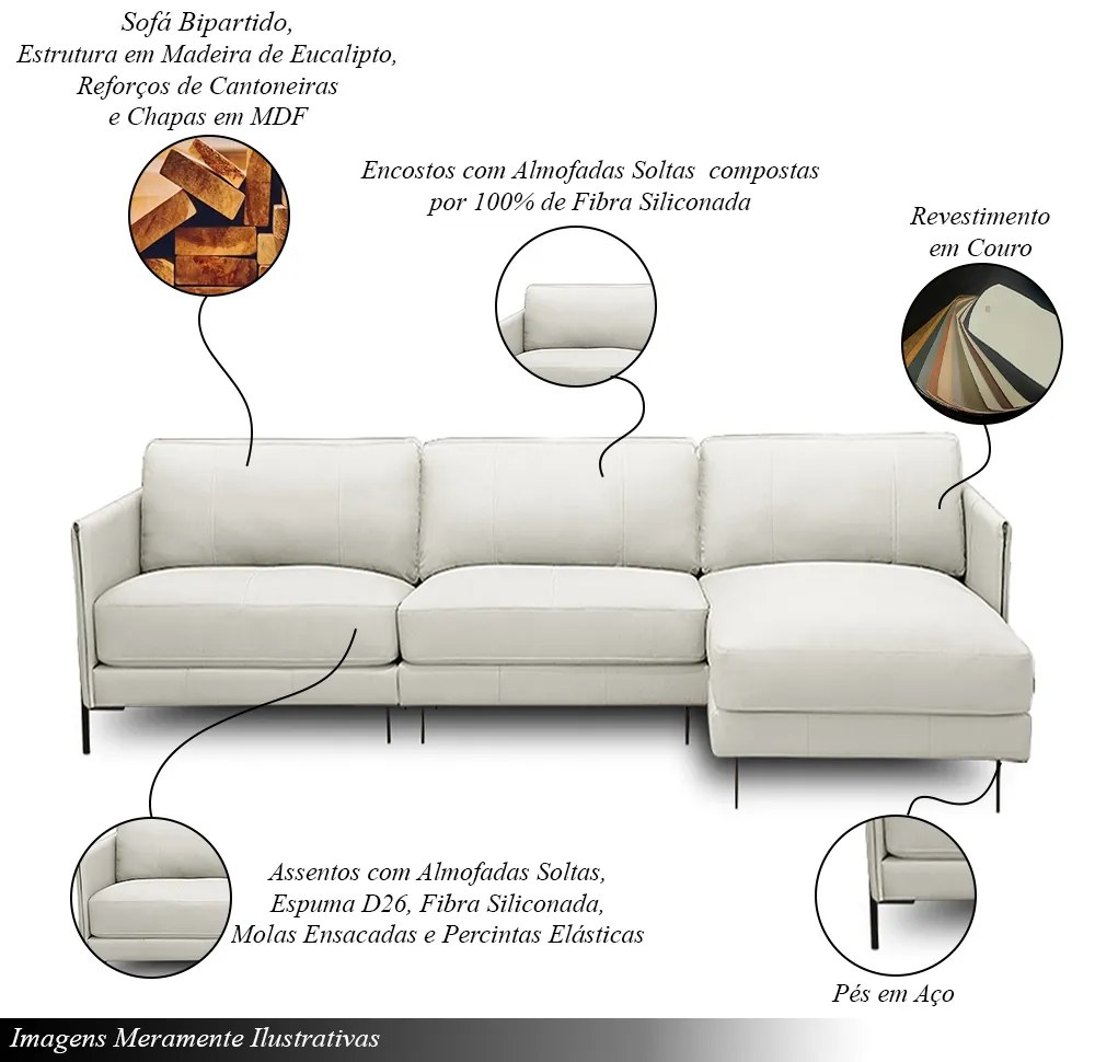 Sofá Decorativo Karine 6 Lugares Sala de estar 360cm com Chaise Pés em Aço Couro Off White G88 - Gran Belo