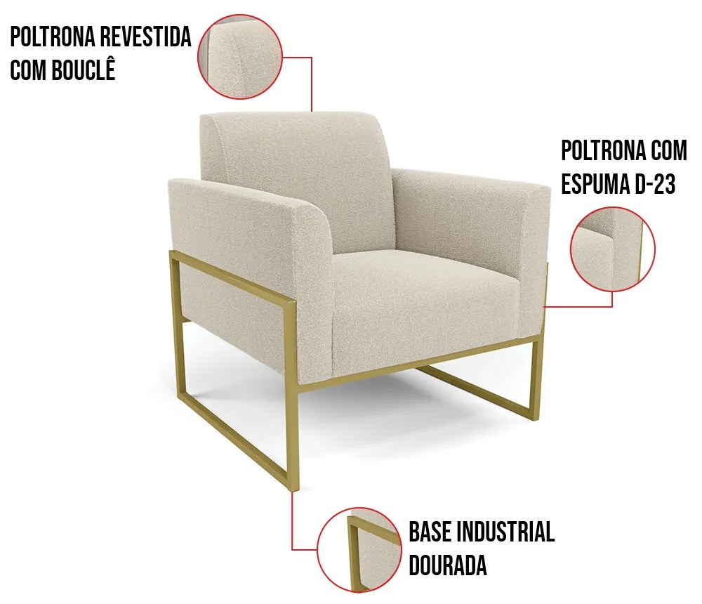 Namoradeira e 2 Poltronas Industrial Alta Dourado Marisa Bouclê Bege D03 - D'Rossi