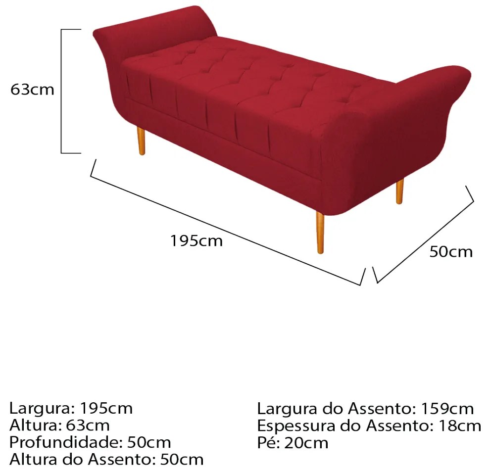 Recamier Estofado Ari 195 cm King Size Suede Vermelho - ADJ Decor