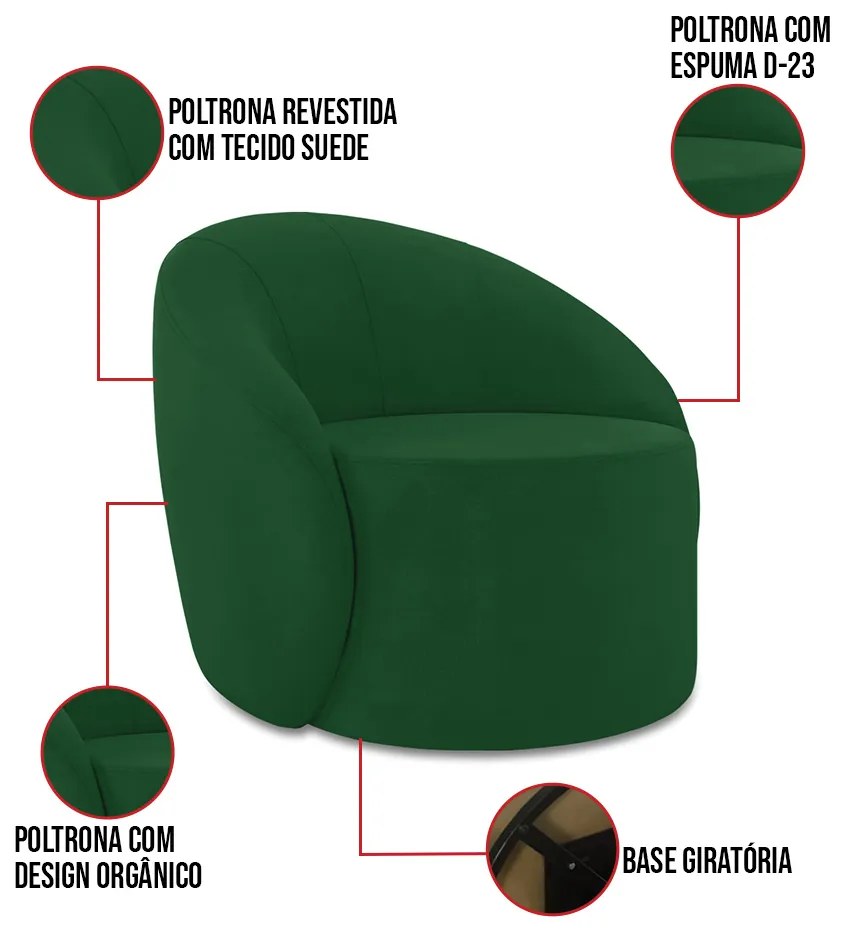 Sofá 3 Lugares Orgânico 180cm Morgan e Poltrona Lua Suede D03 - D'Rossi - Verde