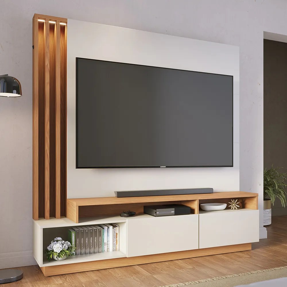 Estante de TV 65 Polegadas 180cm com Led Radaelli Off White Matte/Freijó C04 - D'Rossi