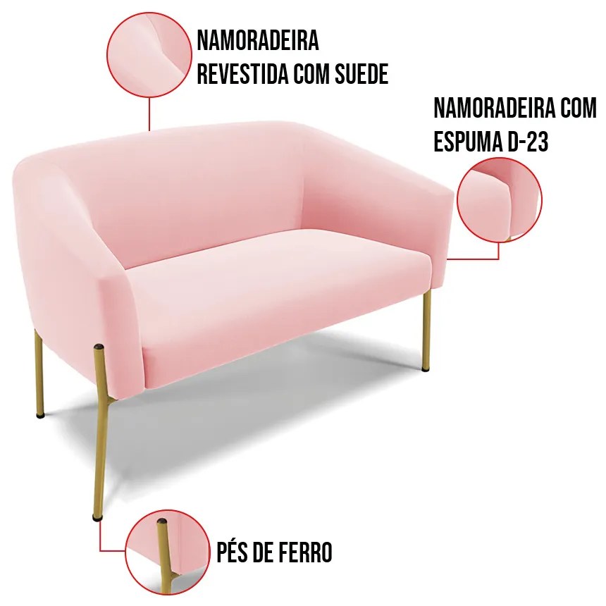 Sofá 2 Lugares Namoradeira Pé de Ferro Dourado Stella Suede D03 - D'Rossi - Rosa Bebê