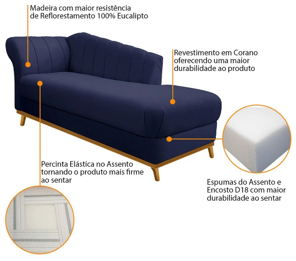 Recamier Vanessa 185cm Lado Direito Corano Azul Marinho - ADJ Decor