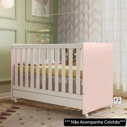 Berço Americano Mini Cama Com Rodízios Charme P14 Branco/Rosa - Mpozen