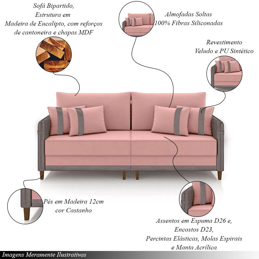 Sofá Living Montecarlo 2 Lugares Bipartido 172cm Pés em Madeira Veludo/PU Rosê/CinzaG33 - Gran Belo