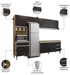 Cozinha Modulada 4 Peças Balcão sem Tampo 160cm Andréia Amêndoa/Preto