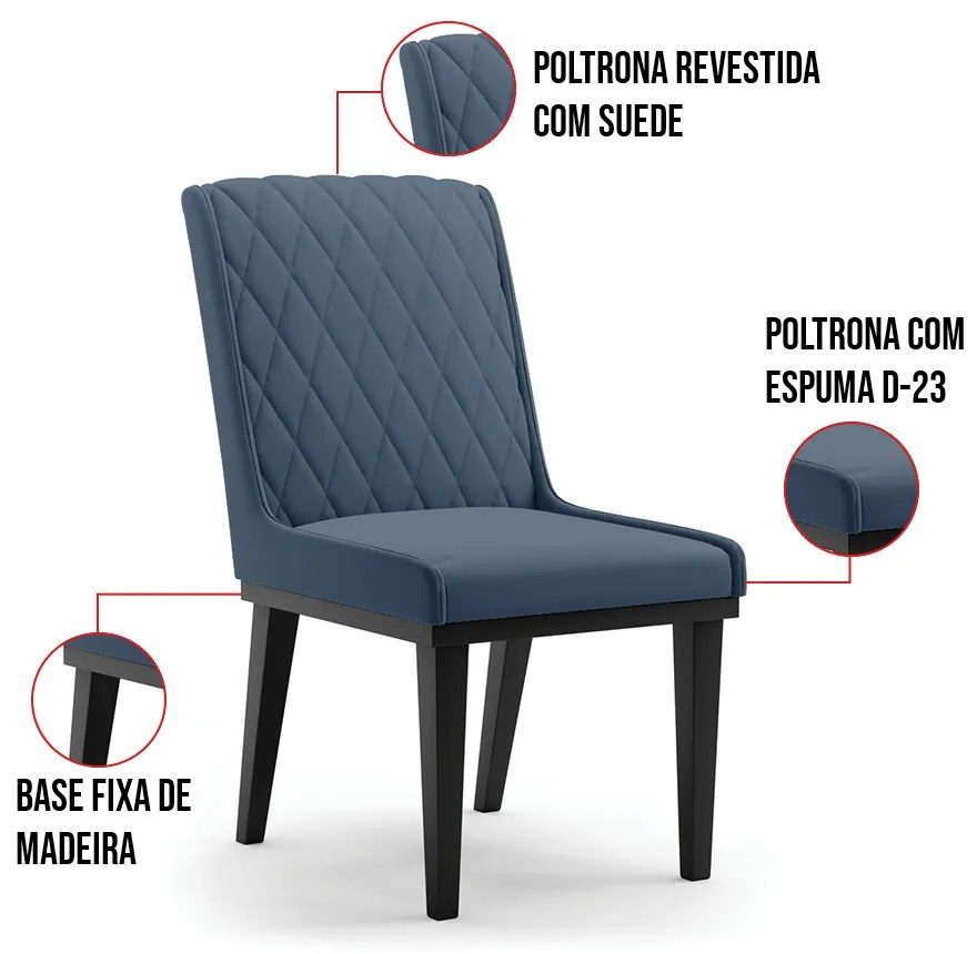 Cadeira Sala de Jantar Base Madeira Preto Kit 6 Sofia Suede D03 - D'Rossi - Azul Marinho