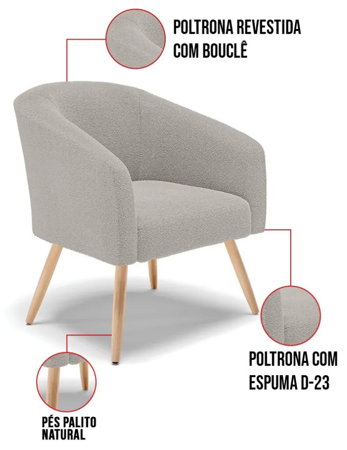 Poltrona Decorativa Pé Palito Natural Kit 2 Stella Bouclê D03 - D'Rossi - Cinza