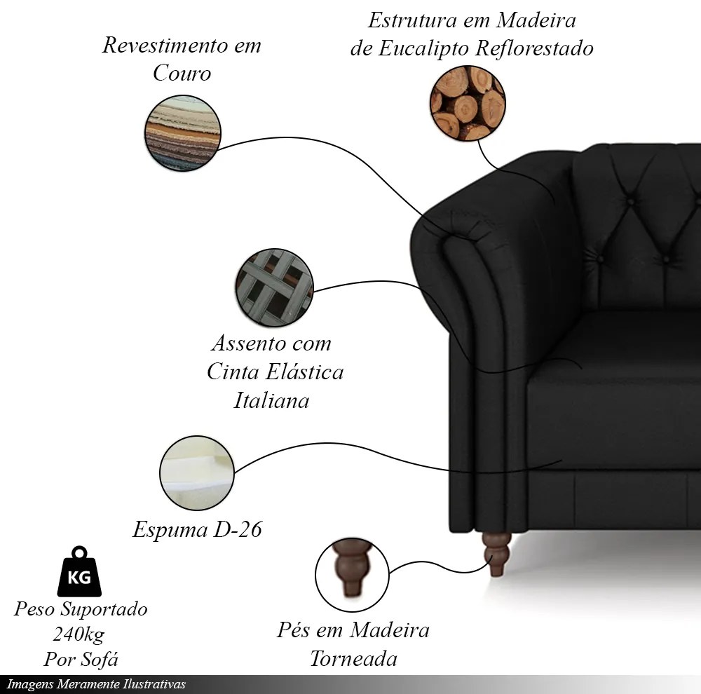 Conjunto de Sofá Sala de Estar Stanford Chesterfield 2 e 3 Lugares 180cm/260cm Pés Madeira Couro Preto Brilho G58 - Gran Belo