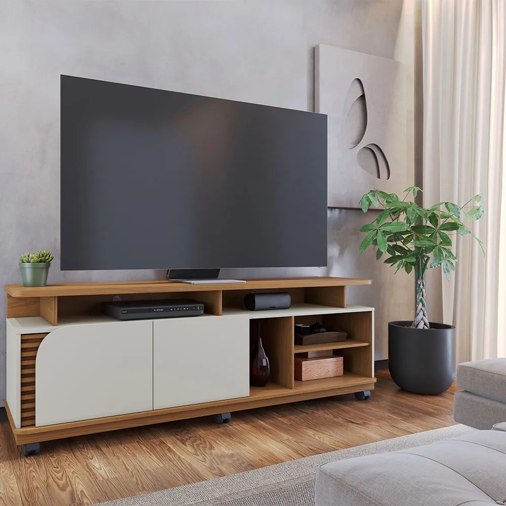 Bancada Tv de 75'' 2 Portas com Rodízio Ewa 180cm Freijó/Off White C04 - D'Rossi