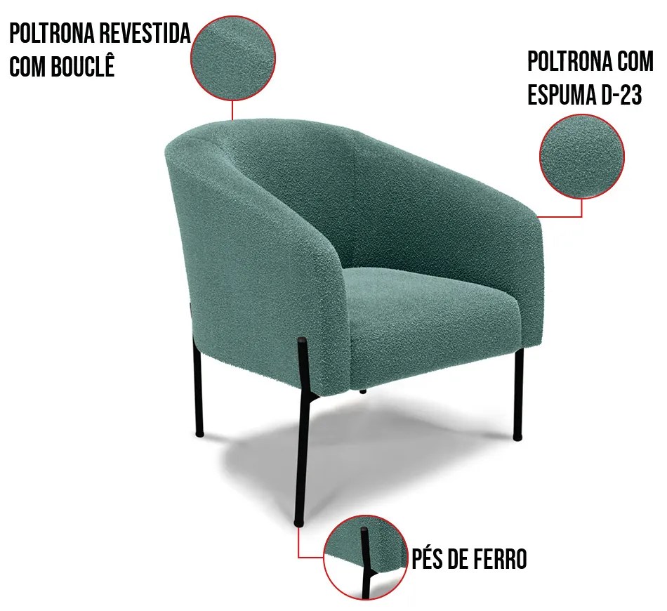 Sofá Namoradeira e Poltrona Pé Ferro Preto Stella Bouclê Vd Menta D03 - D'Rossi