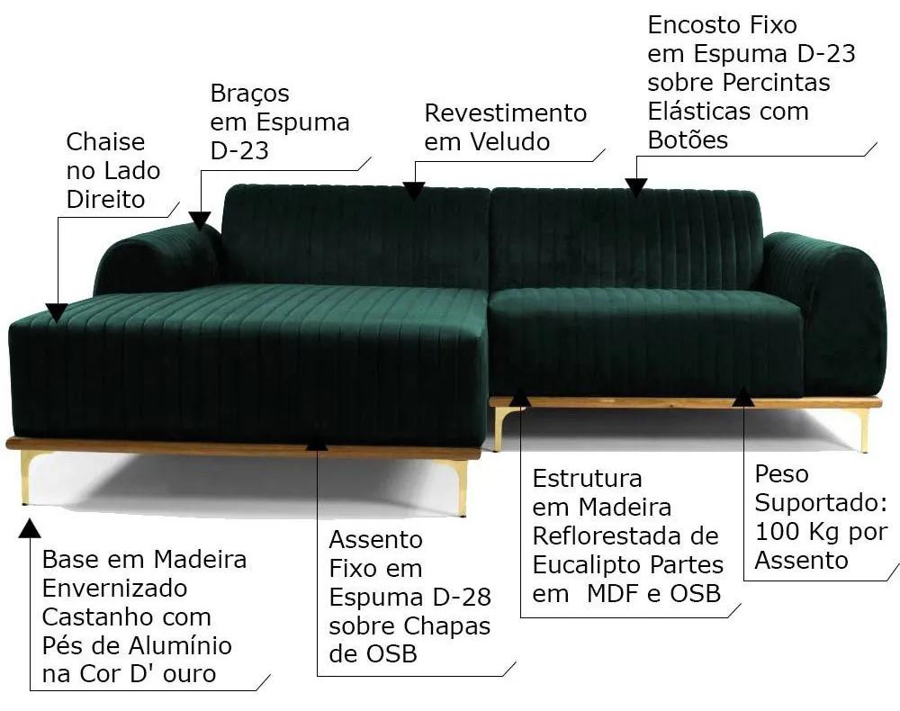 Sofá 3 Lugares Bipartido com Chaise Lado Direito Base de Madeira Euro 230 cm Veludo Verde G15 - Gran Belo