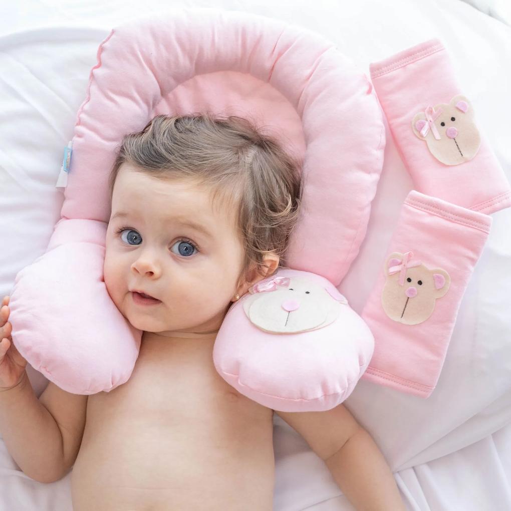 Almofada de Pescoço Bebê Apoio Anatômico com Protetores de Cinto Malha Rosa Ursa