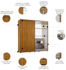 Guarda Roupa Casal 230cm Com Espelho Verbena Cinamomo Z10   - Mpozenat