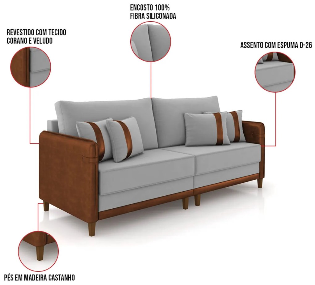 Sofá 2 Lugares Living 172cm Pé Madeira Valença Marrom/Veludo Cinza K01 - D'Rossi