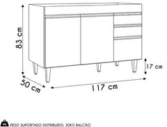 Balcão de Cozinha Para Pia 120cm 3 Portas Sem Tampo Michigan Cinza Cla