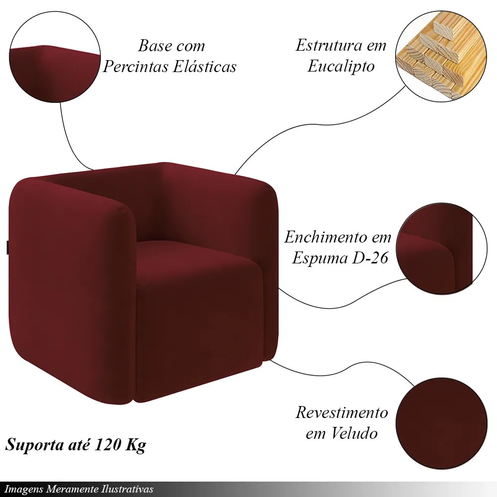 Kit 2 Poltronas Decorativas Sala de Estar Trinidad Base Fixa Veludo Bordô G33 - Gran Belo