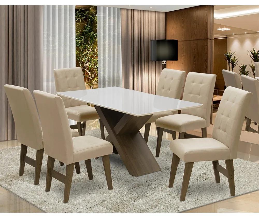 Conjunto Mesa de Jantar com 06 Cadeiras Agata 160cm Castanho/Branco Off/Bege - ADJ DECOR