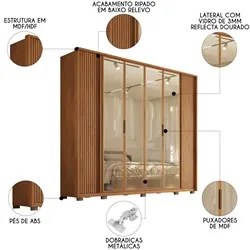 Guarda Roupa Casal 6 Portas Ripado e Vidro Reflecta Malthus Freijó - C