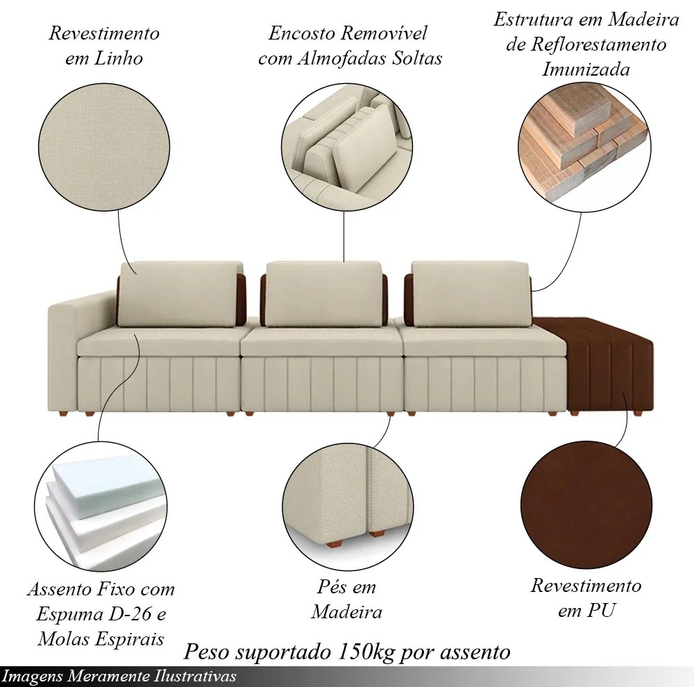 Sofá Ilha com Encosto e Almofadas Móveis Olimpo 335cm Modulado Linho/PU Bege/Marrom G45 - Gran Belo